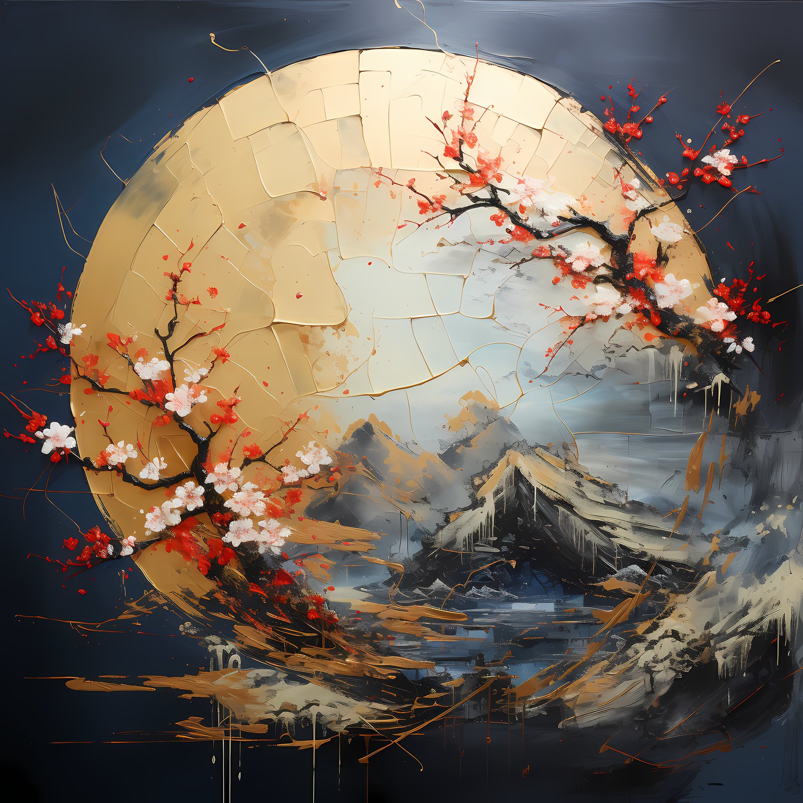 Kintsugi-inspired abstract artwork featuring golden fracture lines on dark ceramic texture