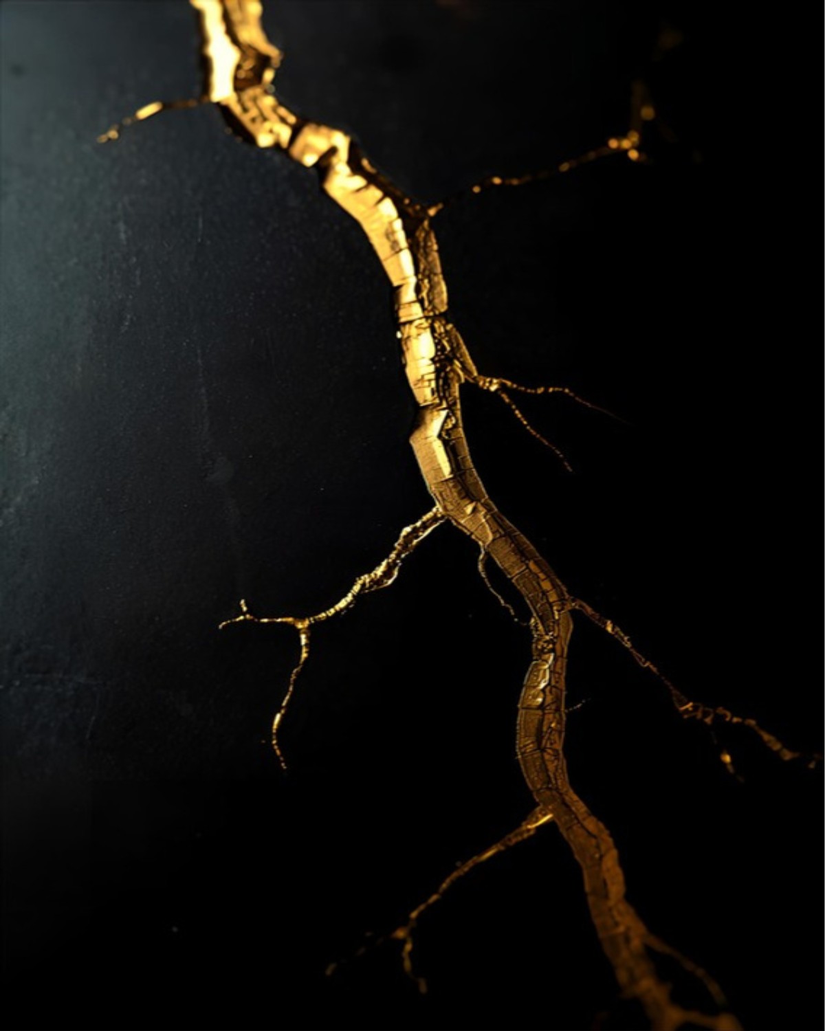 Close-up of traditional Kintsugi repair showing golden lacquer filling ceramic cracks